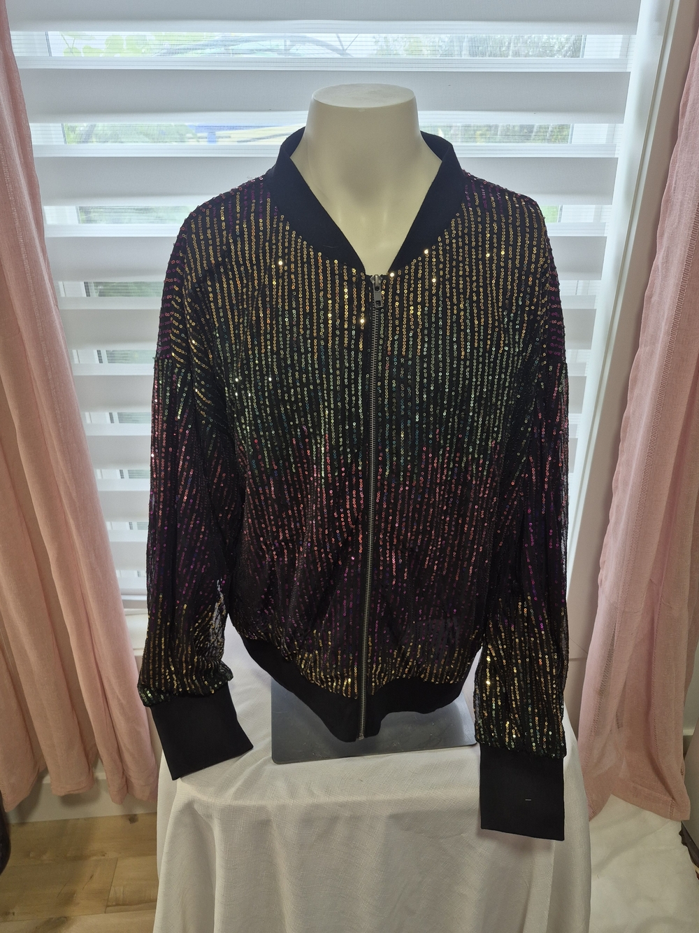 Flying Tomato Black Sequin Stripe Bomber Jacket